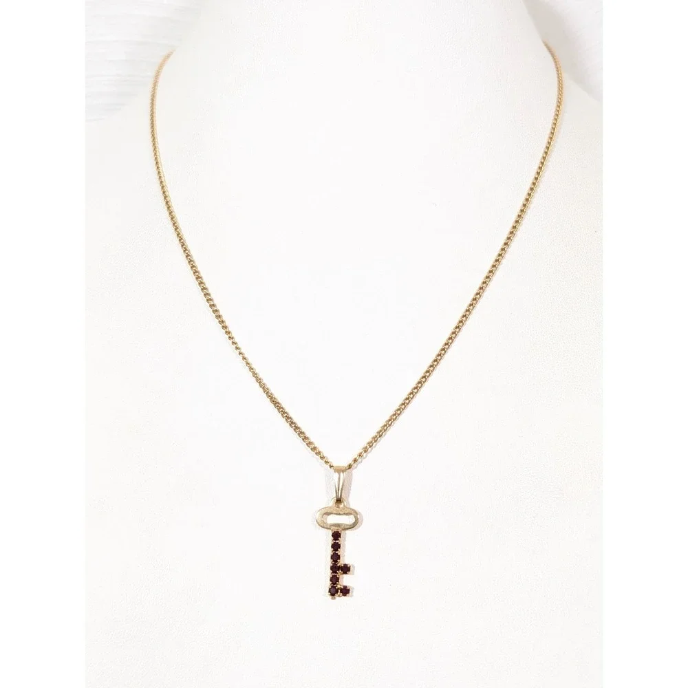 Vintage‎ Red Rhinestone Skeleton Key Charm Gold Tone Necklace 16 in